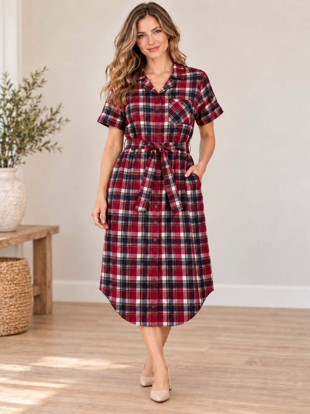 Downeast Plaid Shirt Dress Red Navy Belted Button Front Short Sleeve M